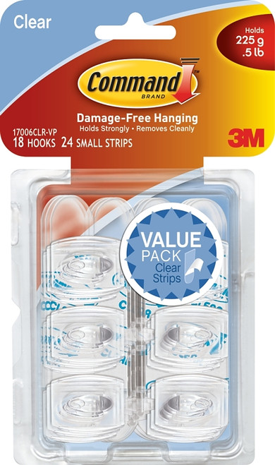Command 17006CLR-VP Adhesive Hook, 0.5 lb, 18-Hook, Plastic, Clear [SKU: ORG6880298]