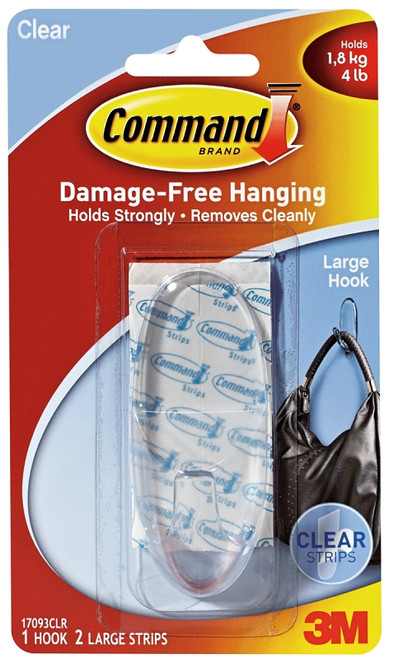 Command 17093CLR Adhesive Hook, 4 lb, 1-Hook, Plastic, Clear [SKU: ORG3437522]