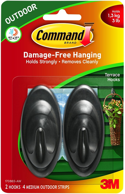 Command 17086S-AW Terrace Hook, 3 lb, 2-Hook, Plastic, Slate [SKU: ORG3437621]