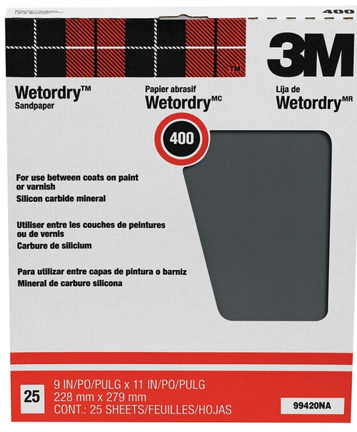 3M Wetordry 99420NA Sandpaper, 11 in L, 9 in W, Fine, 400 Grit, Silicon Carbide Abrasive, Paper Backing [SKU: ORG6086599]