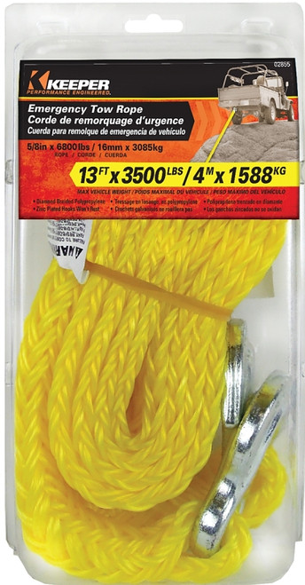 KEEPER 02855 Tow Rope, 5/8 in Dia, 13 ft L, Hook End, 6800 Working Load, Polypropylene [SKU: ORG6295828]