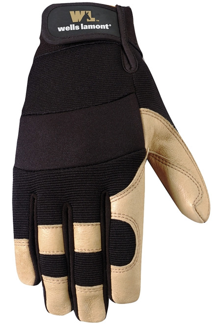 Wells Lamont 3214-M Adjustable Work Gloves, Men's, M, Reinforced Thumb, Spandex Back, Black/Brown/Tan [SKU: ORG7382252]