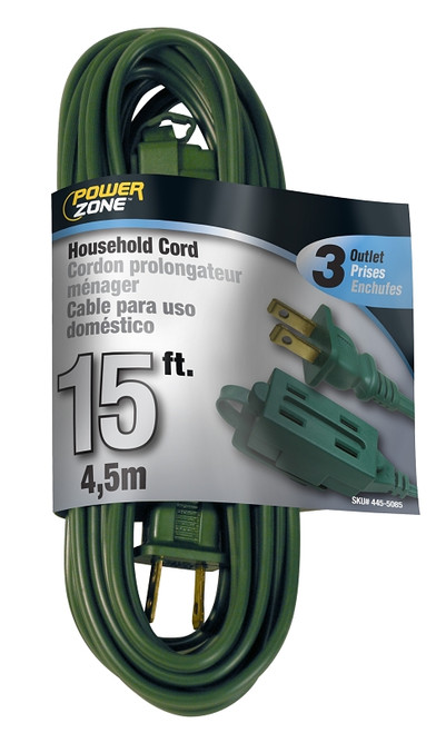 PowerZone Extension Cord, 16 AWG Cable, 15 ft L, 13 A, 125 V, Green [SKU: ORG4455085]