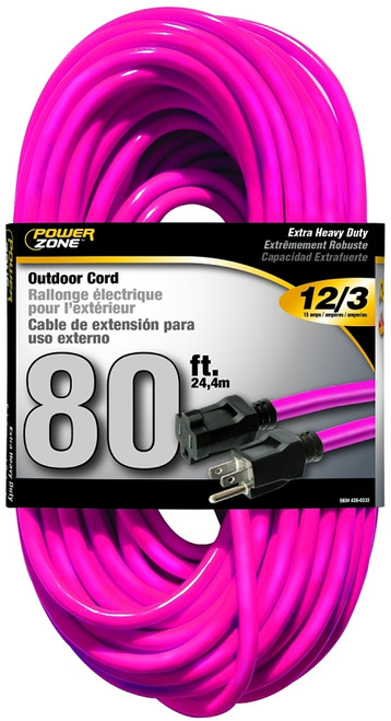 PowerZone Extension Cord, 12 AWG Cable, 80 ft L, 15 A, 125 V, Neon Pink [SKU: ORG4380333]