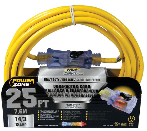 PowerZone Extension Cord, 14 AWG Cable, 25 ft L, 15 A, 125 V, Yellow [SKU: ORG7407919]
