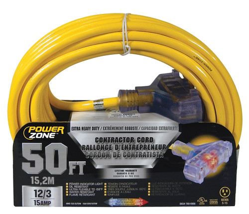 PowerZone Contractor Cord, 12 AWG Cable, 50 ft L, 15 A, 125 V, Yellow [SKU: ORG7606908]