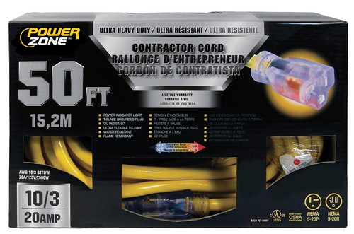 PowerZone Contractor Cord, 10 AWG Cable, 50 ft L, 20 A, 125 V, Yellow [SKU: ORG7673494]