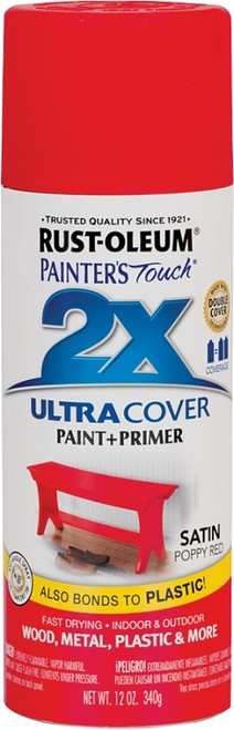 RUST-OLEUM PAINTER'S Touch 277994 Satin Spray Paint, Satin, Poppy Red, 12 oz, Aerosol Can [SKU: ORG5262282]