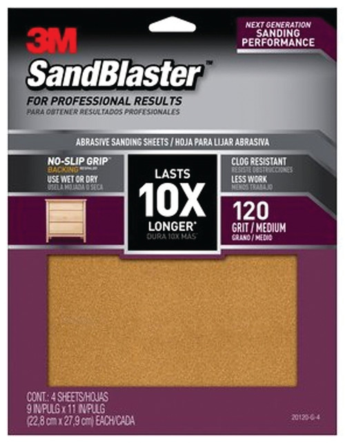 3M SandBlaster Series 20120-G-4 Sandpaper, 11 in L, 9 in W, 120 Grit, Medium, Aluminum Oxide Abrasive [SKU: ORG7185853]