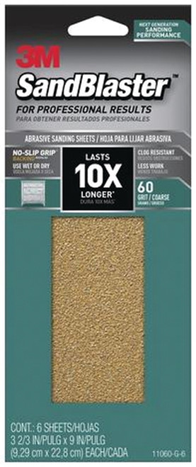 3M SandBlaster Series 11060-G-6 Sandpaper, 9 in L, 3-2/3 in W, 60 Grit, Coarse, Synthetic Mineral Abrasive [SKU: ORG8575268]