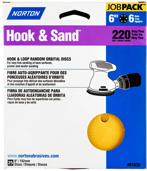 NORTON Hook & Sand 07660701635 Vacuum Disc, 6 in Dia, P220 Grit, Very Fine, Aluminum Oxide Abrasive, Paper Backing [SKU: ORG3310620]