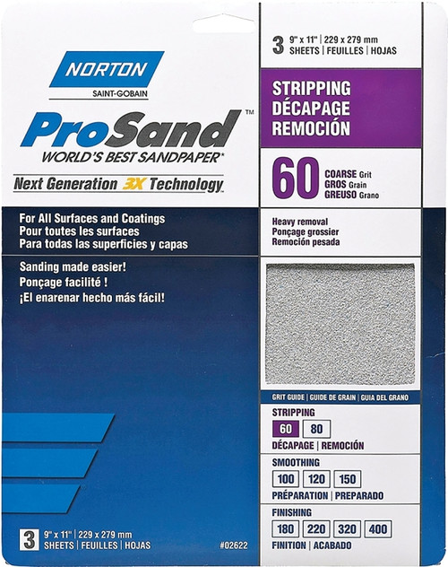 NORTON ProSand 07660768164 Sanding Sheet, 11 in L, 9 in W, Coarse, 60 Grit, Aluminum Oxide Abrasive, Paper Backing [SKU: ORG3306669]