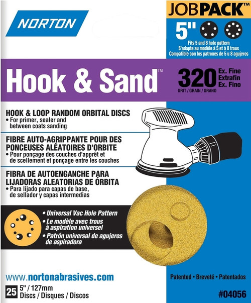 NORTON 04056 Sanding Disc, 5 in Dia, Coated, P320 Grit, Extra Fine, Aluminum Oxide Abrasive, Universal Vacuum [SKU: ORG3309671]
