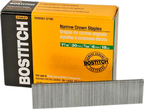 Bostitch SX50351-3/16G Crown Staple, 7/32 in W Crown, 1-3/16 in L Leg, 18 Gauge, Steel [SKU: ORG6820187]