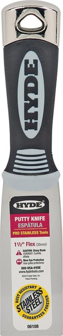 HYDE Pro Stainless 06108 Putty Knife, 1-1/2 in W Blade, Stainless Steel Blade, Cushion-Grip Handle [SKU: ORG0909572]