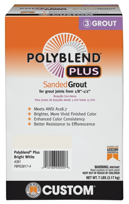 CUSTOM Polyblend Plus PBPG3817-4 Sanded Grout, Solid Powder, Characteristic, Bright White, 7 lb Box [SKU: ORG1515097]