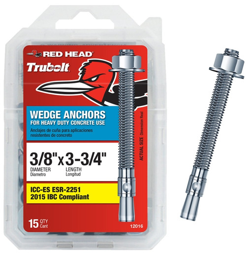 RED HEAD 12016 Concrete Wedge Anchor, 3/8 in Dia, 3-3/4 in L, Steel, Zinc [SKU: ORG2148591]