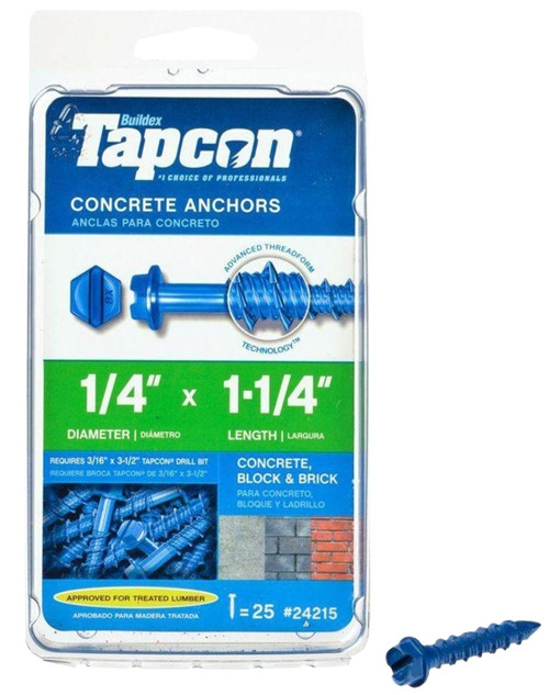 Buildex Tapcon 24215 Concrete Screw Anchor, 1/4 in Dia, 1-1/4 in L, Steel, Climaseal [SKU: ORG2120673]