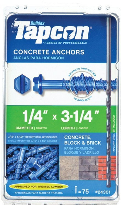 Buildex Tapcon 24301 Screw Anchor, Hex, Phillips, Slotted Drive, Steel, Climaseal [SKU: ORG1006394]