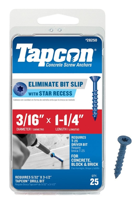 Buildex Tapcon 28250 Concrete Screw Anchor, 3/16 in Dia, 1-1/4 in L, Steel [SKU: ORG2120731]