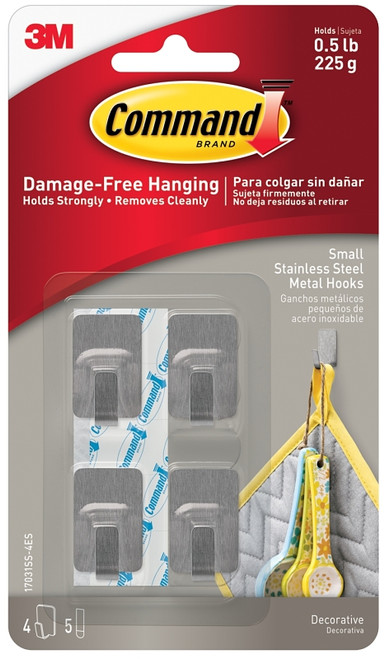 Command 17031SS-4ES Small Hook, 0.5 lb, 4-Hook, Metal, Gray, Stainless Steel [SKU: ORG7345275]