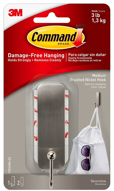 Command 17034BN-ES Medium Decorative Hook, 1 in W, Metal/Plastic, Brushed Nickel, 3 lb [SKU: ORG7399439]