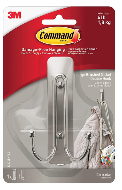 Command 17036BN-ES Large Double Hook, 4 lb, 1-Hook, Metal/Plastic, Gray, Brushed Nickel [SKU: ORG7345267]