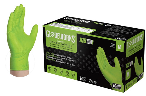 GLOVEWORKS GWGN44100 Heavy-Duty Disposable Gloves, M, Nitrile, Powder-Free, Green, 9-1/2 in L [SKU: ORG0021535]