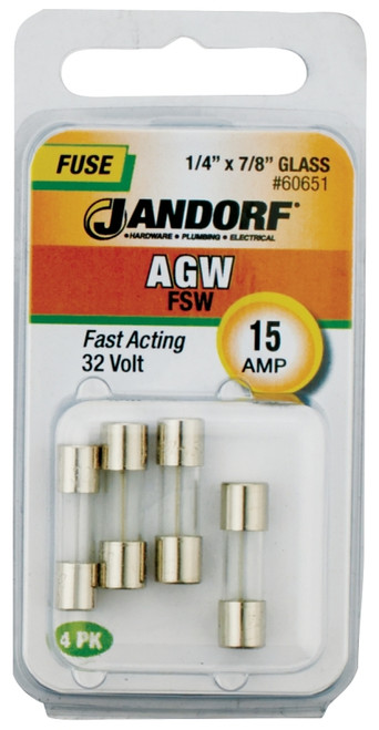 Jandorf 60651 Fast Acting Fuse, 15 A, 32 V, 10 kA Interrupt, Glass Body [SKU: ORG3398120]