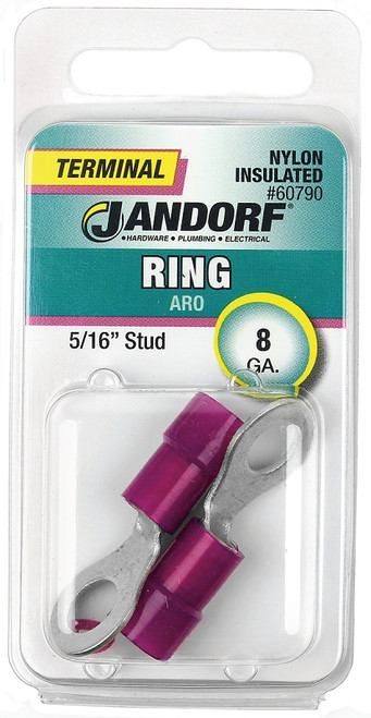 Jandorf 60790 Ring Terminal, 8 AWG Wire, 5/16 in Stud, Nylon Insulation, Copper Contact, Red [SKU: ORG3399748]