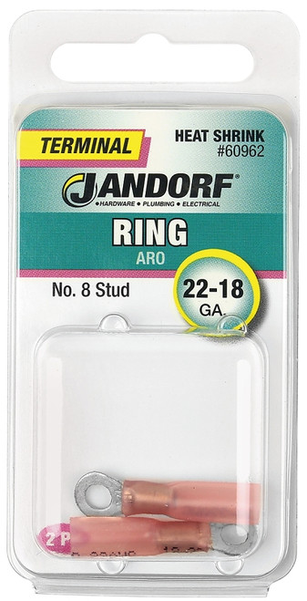 Jandorf 60962 Ring Terminal, 22 to 18 AWG Wire, #8 Stud, Copper Contact, Pink [SKU: ORG3401726]