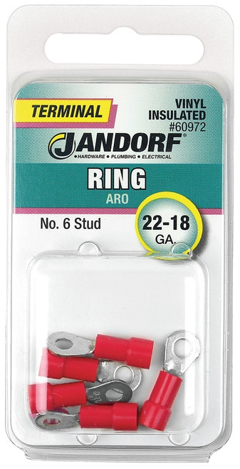 Jandorf 60972 Ring Terminal, 22 to 18 AWG Wire, #6 Stud, Vinyl Insulation, Copper Contact, Red [SKU: ORG3401858]