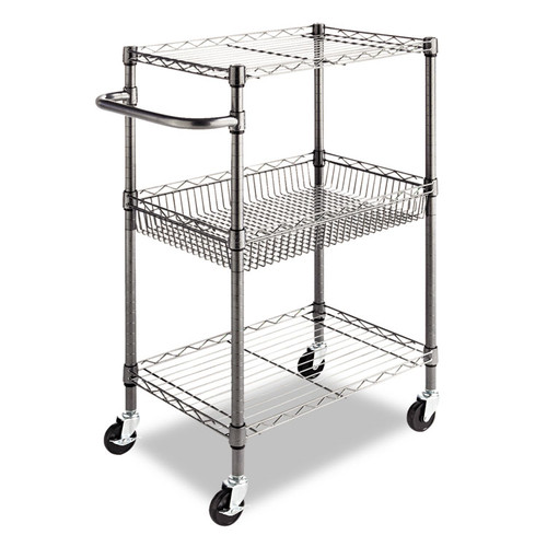 Three-Tier Wire Cart with Basket, Metal, 2 Shelves, 1 Bin, 500 lb Capacity, 28" x 16" x 39", Black Anthracite [SKU: ALESW342416BA]