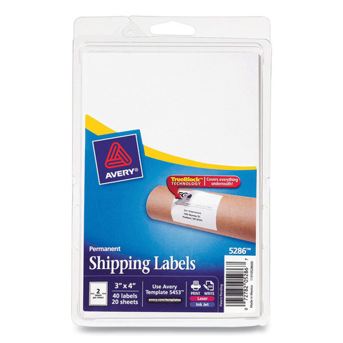 Shipping Labels with TrueBlock Technology, Inkjet/Laser Printers, 4 x 3, White, 2/Sheet, 20 Sheets/Pack [SKU: AVE05286]