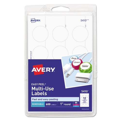 Removable Multi-Use Labels, Inkjet/Laser Printers, 1" dia, White, 12/Sheet, 50 Sheets/Pack, (5410) [SKU: AVE05410]