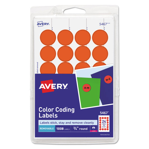 Printable Self-Adhesive Removable Color-Coding Labels, 0.75" dia, Neon Red, 24/Sheet, 42 Sheets/Pack, (5467) [SKU: AVE05467]