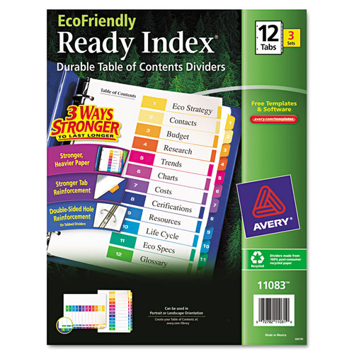 Customizable Table of Contents Ready Index Dividers with Multicolor Tabs, 12-Tab, 1 to 12, 11 x 8.5, White, 3 Sets [SKU: AVE11083]