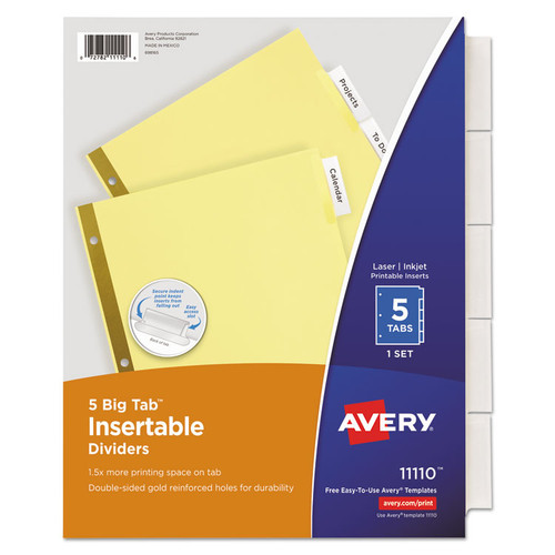 Insertable Big Tab Dividers, 5-Tab, Double-Sided Gold Edge Reinforcing, 11 x 8.5, Buff, Clear Tabs, 1 Set [SKU: AVE11110]