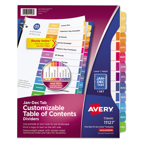Customizable TOC Ready Index Multicolor Tab Dividers, 12-Tab, Jan. to Dec., 11 x 8.5, White, Traditional Color Tabs, 1 Set [SKU: AVE11127]