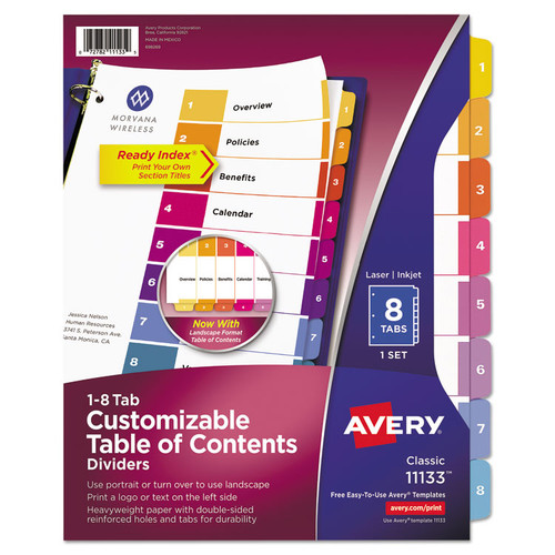 Customizable TOC Ready Index Multicolor Tab Dividers, 8-Tab, 1 to 8, 11 x 8.5, White, Traditional Color Tabs, 1 Set [SKU: AVE11133]