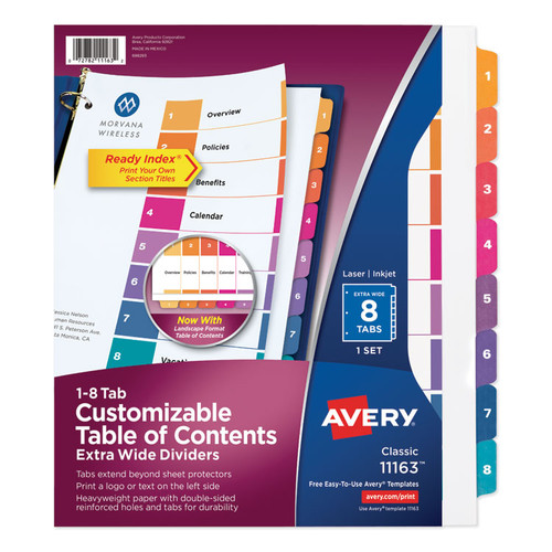 Customizable TOC Ready Index Multicolor Tab Dividers, Extra Wide Tabs, 8-Tab, 1 to 8, 11 x 9.25, White, 1 Set [SKU: AVE11163]