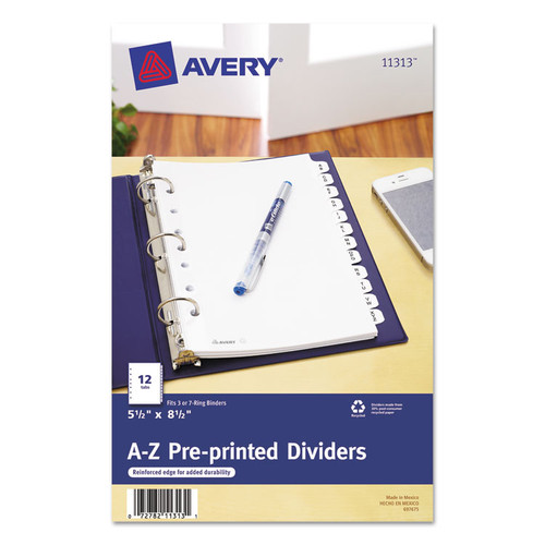 Preprinted Tab Dividers, 12-Tab, A to Z, 8.5 x 5.5, White, 1 Set [SKU: AVE11313]