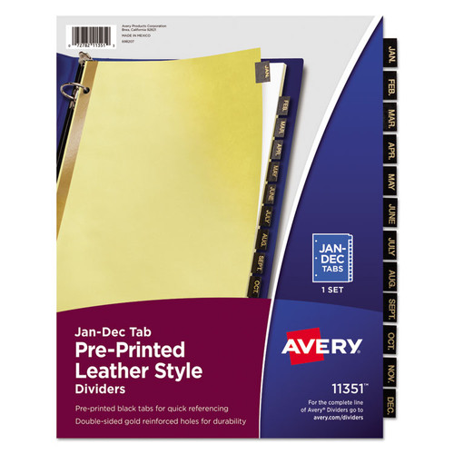 Preprinted Black Leather Tab Dividers w/Gold Reinforced Edge, 12-Tab, Jan. to Dec., 11 x 8.5, Buff, 1 Set [SKU: AVE11351]