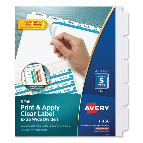 Print and Apply Index Maker Clear Label Dividers, Extra Wide Tab, 5-Tab, White Tabs, 11.25 x 9.25, White, 1 Set [SKU: AVE11438]