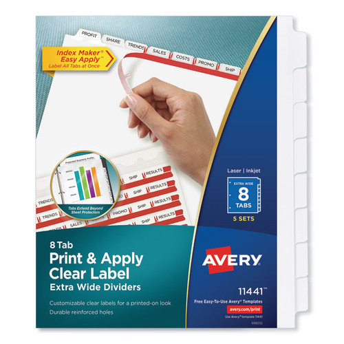 Print and Apply Index Maker Clear Label Dividers, Extra Wide Tabs, 8-Tab, 11.25 x 9.25, White, 5 Sets [SKU: AVE11441]