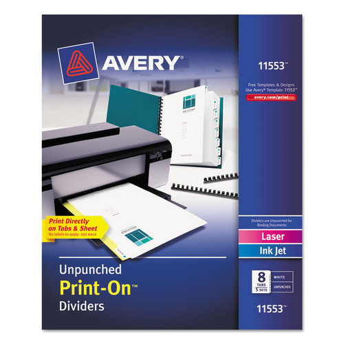 Customizable Print-On Dividers, Unpunched, 8-Tab, 11 x 8.5, White, 5 Sets [SKU: AVE11553]