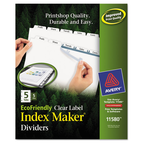 Index Maker EcoFriendly Print and Apply Clear Label Dividers with White Tabs, 5-Tab, 11 x 8.5, White, 5 Sets [SKU: AVE11580]