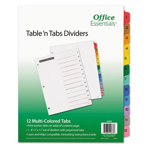 Table 'n Tabs Dividers, 12-Tab, 1 to 12, 11 x 8.5, White, Assorted Tabs, 1 Set [SKU: AVE11673]