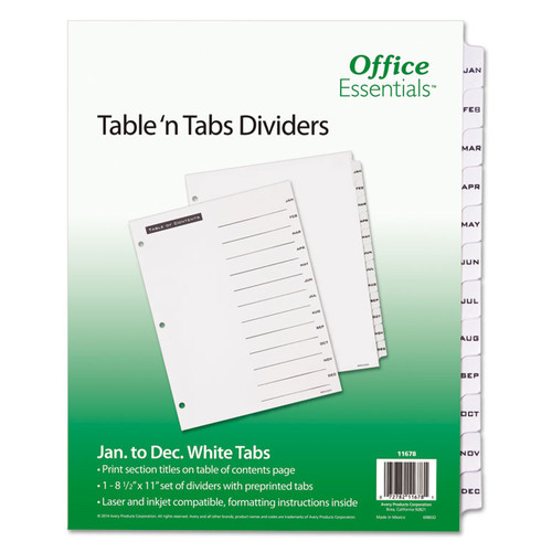 Table 'n Tabs Dividers, 12-Tab, Jan. to Dec., 11 x 8.5, White, White Tabs, 1 Set [SKU: AVE11678]