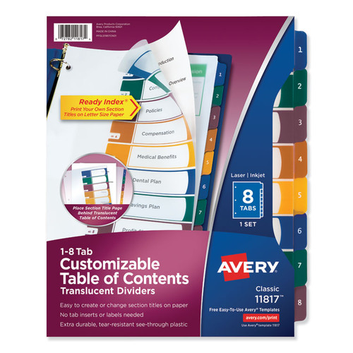 Customizable Table of Contents Ready Index Dividers with Multicolor Tabs, 8-Tab, 1 to 8, 11 x 8.5, Translucent, 1 Set [SKU: AVE11817]